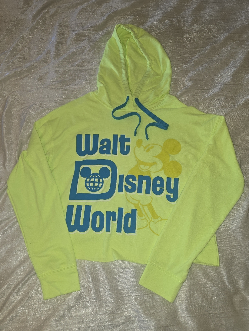 NWOT Walt Disney World Neon Yellow & Blue Mickey Cropped Hoodie
